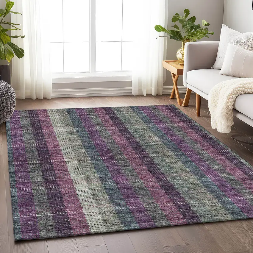 Plum Sage And Gray Plaid Washable Area Rug With UV Protection Photo 4