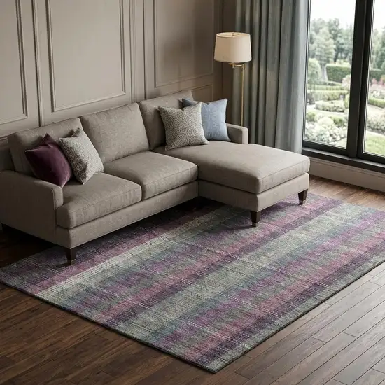 Plum Sage And Gray Plaid Washable Area Rug With UV Protection Photo 1