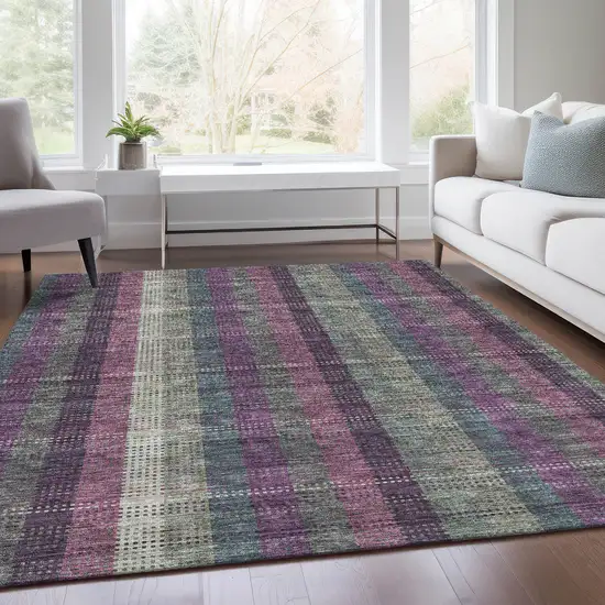 Plum Sage And Gray Plaid Washable Area Rug With UV Protection Photo 6