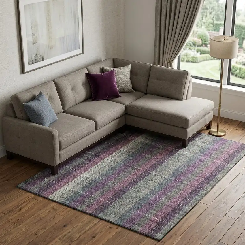 Plum Sage And Gray Plaid Washable Area Rug With UV Protection Photo 1