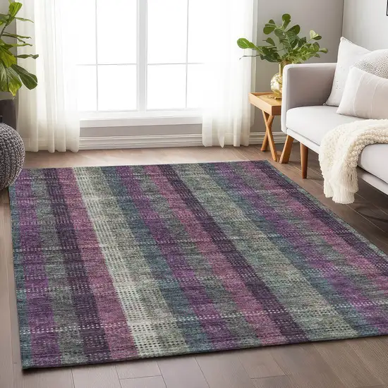 Plum Sage And Gray Plaid Washable Area Rug With UV Protection Photo 4