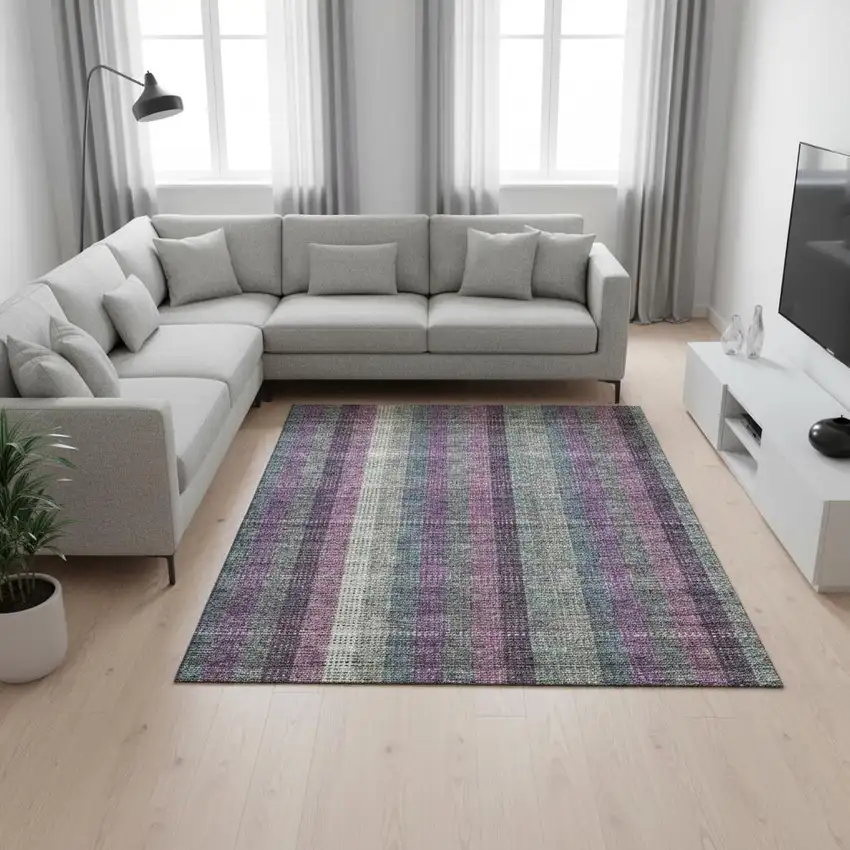 Plum Sage And Gray Plaid Washable Area Rug With UV Protection Photo 2