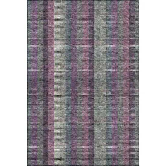 Plum Sage And Gray Plaid Washable Area Rug With UV Protection Photo 1