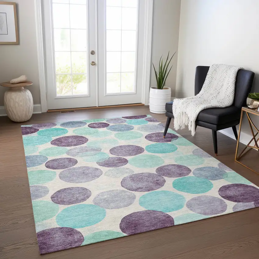 Plum Teal Blue And Ivory Geometric Washable Indoor Outdoor Area Rug Photo 5