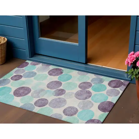 Plum Teal Blue And Ivory Geometric Washable Indoor Outdoor Area Rug Photo 2