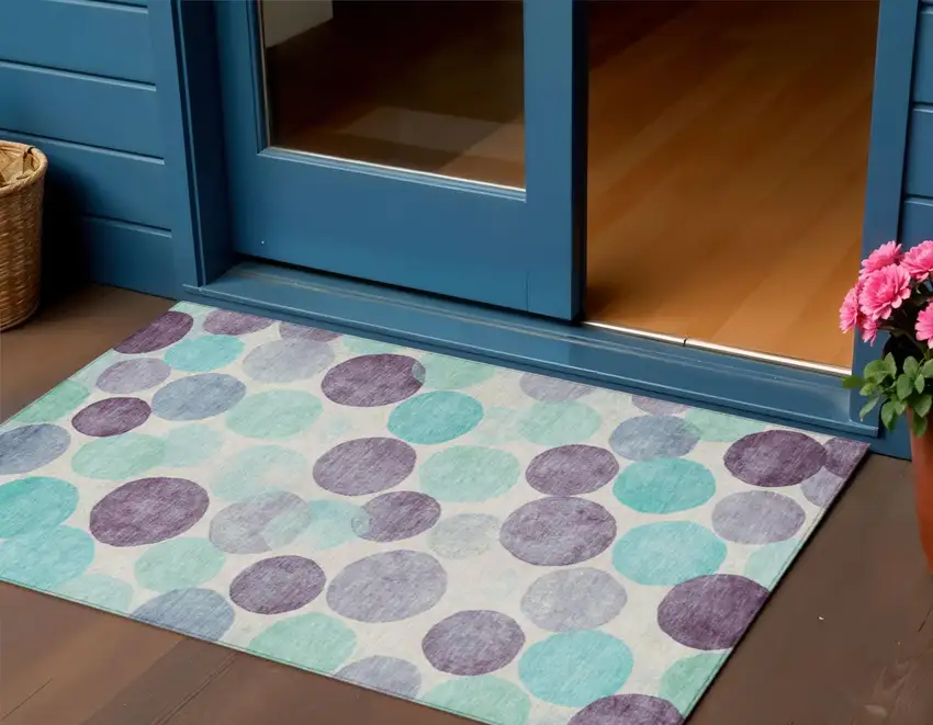 Plum Teal Blue And Ivory Geometric Washable Indoor Outdoor Area Rug Photo 2