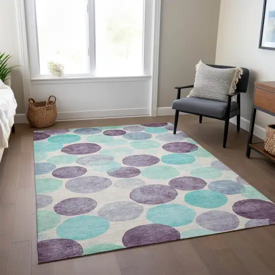 Plum Teal Blue And Ivory Geometric Washable Indoor Outdoor Area Rug Photo 6