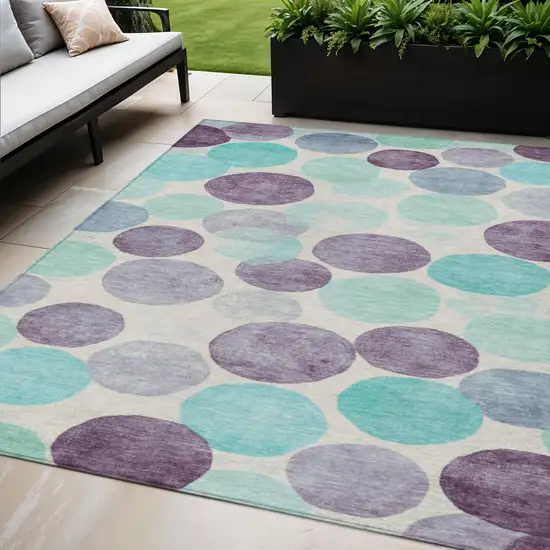 Plum Teal Blue And Ivory Geometric Washable Indoor Outdoor Area Rug Photo 2