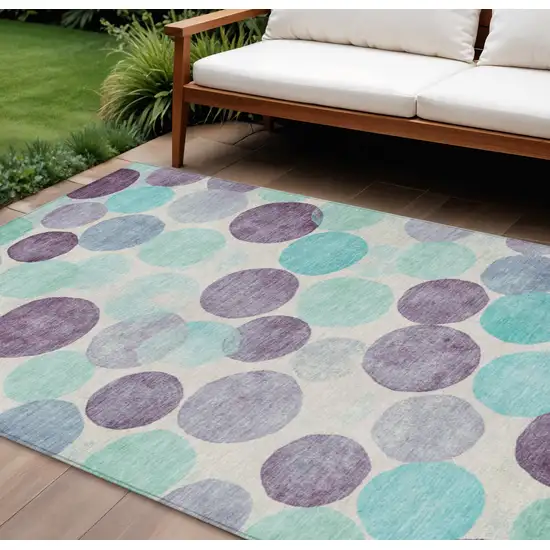 Plum Teal Blue And Ivory Geometric Washable Indoor Outdoor Area Rug Photo 2