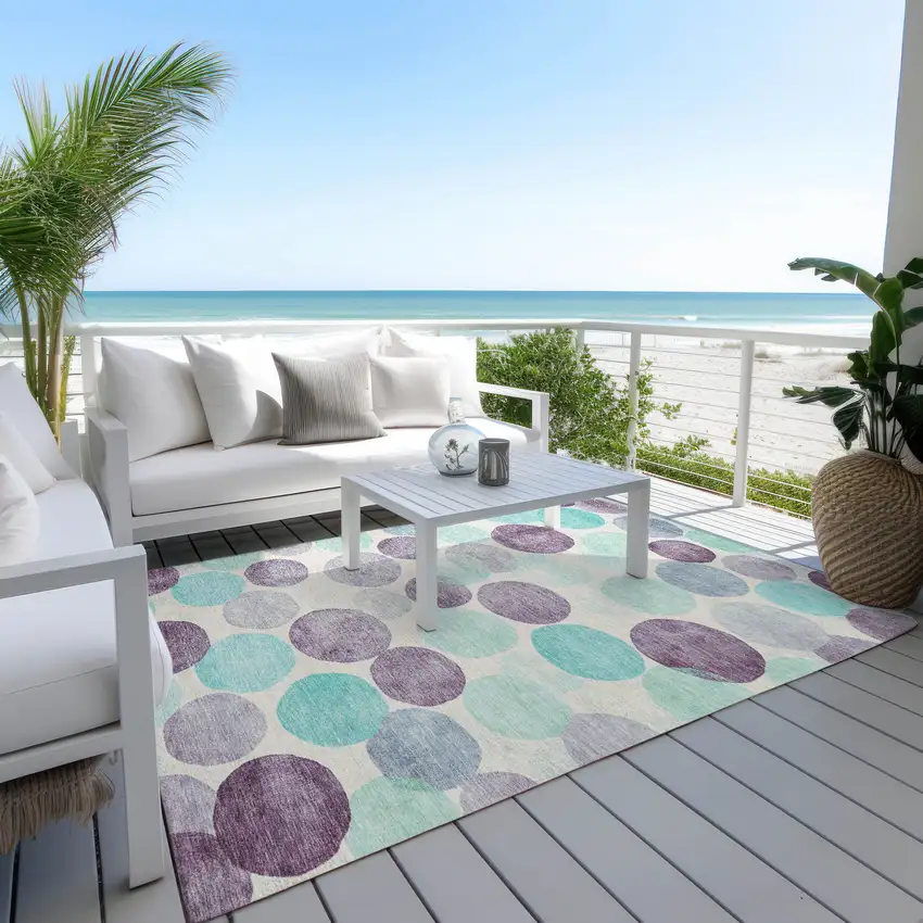 Plum Teal Blue And Ivory Geometric Washable Indoor Outdoor Area Rug Photo 5