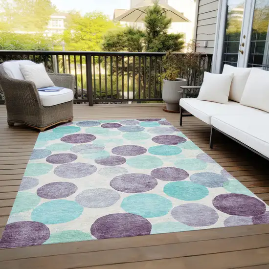 Plum Teal Blue And Ivory Geometric Washable Indoor Outdoor Area Rug Photo 8