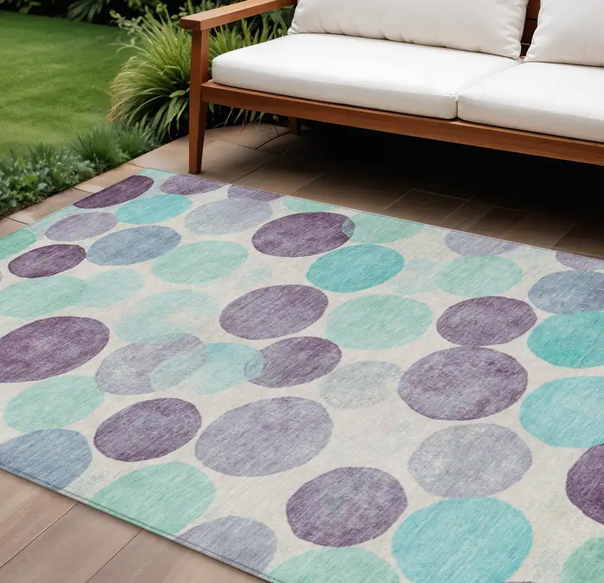 Plum Teal Blue And Ivory Geometric Washable Indoor Outdoor Area Rug Photo 2