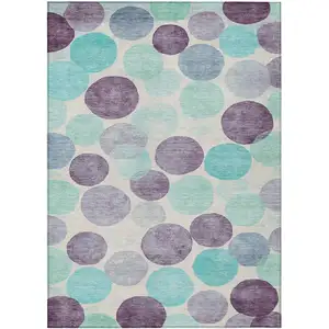 Photo of Plum Teal Blue And Ivory Geometric Washable Indoor Outdoor Area Rug