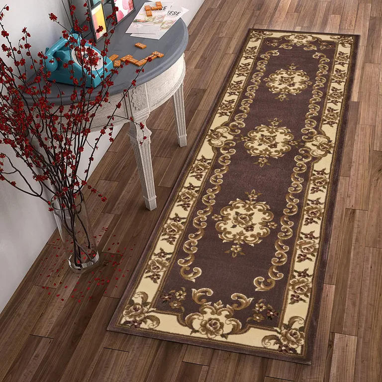 Plum or Ivory Medallion Runner Rug Photo 2