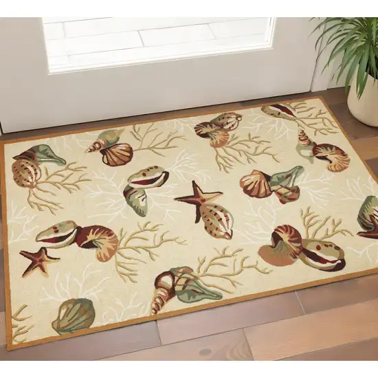 Beige Green And Brown Seashell and Coral Hand Tufted Area Rug Photo 1