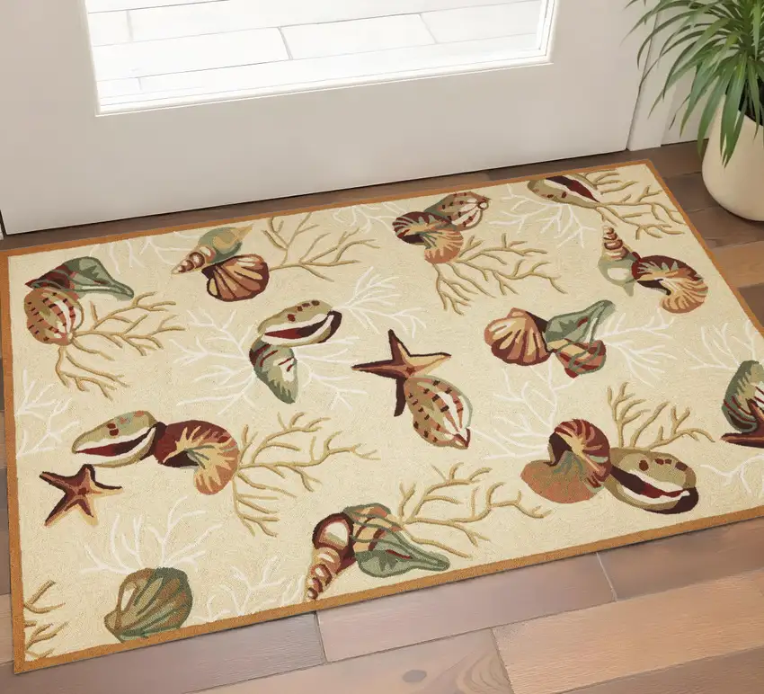 Beige Green And Brown Seashell and Coral Hand Tufted Area Rug Photo 1