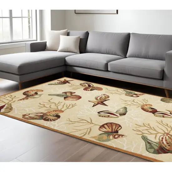 Beige Green And Brown Seashell and Coral Hand Tufted Area Rug Photo 1