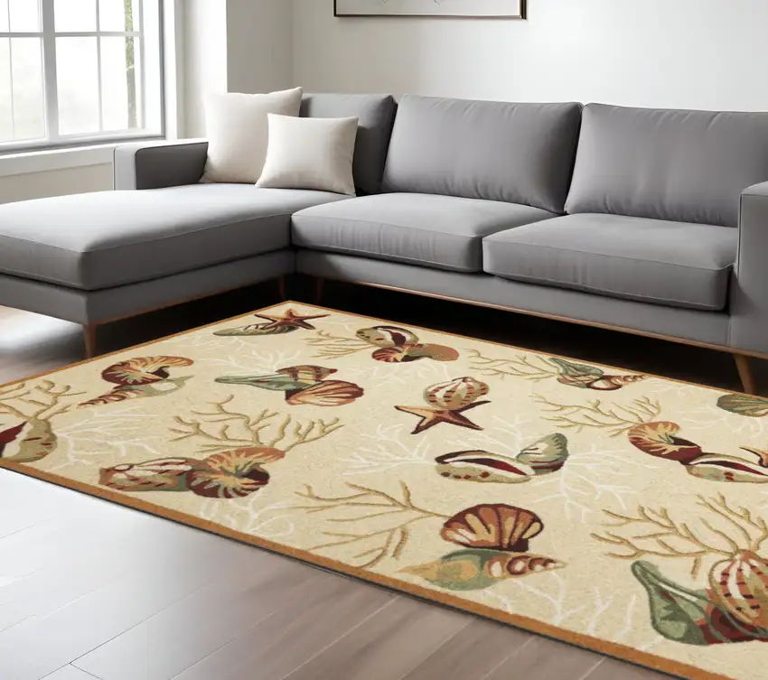 Beige Green And Brown Seashell and Coral Hand Tufted Area Rug Photo 1