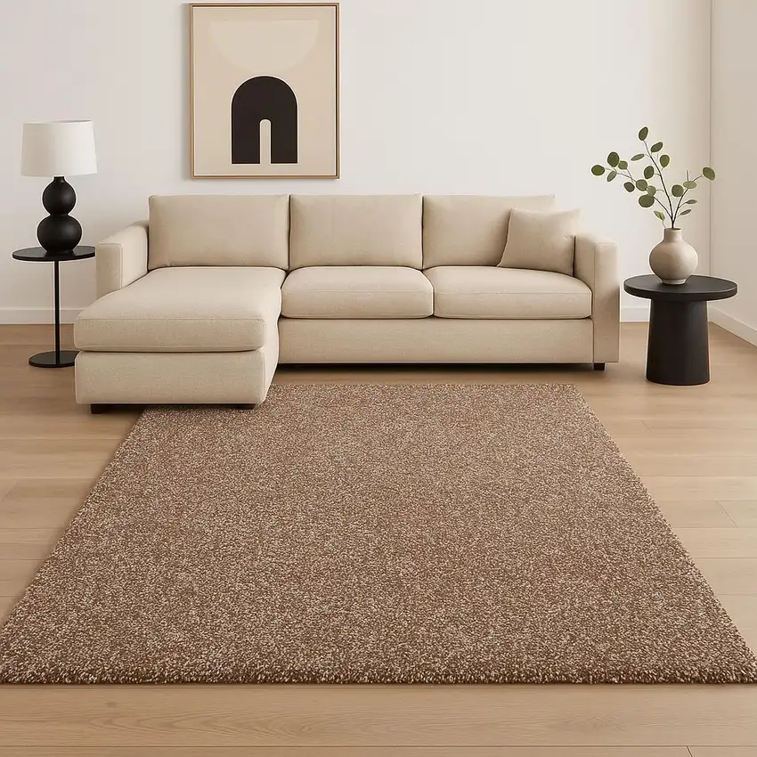 Beige And Brown Abstract Shag Hand Woven Area Rug Photo 1