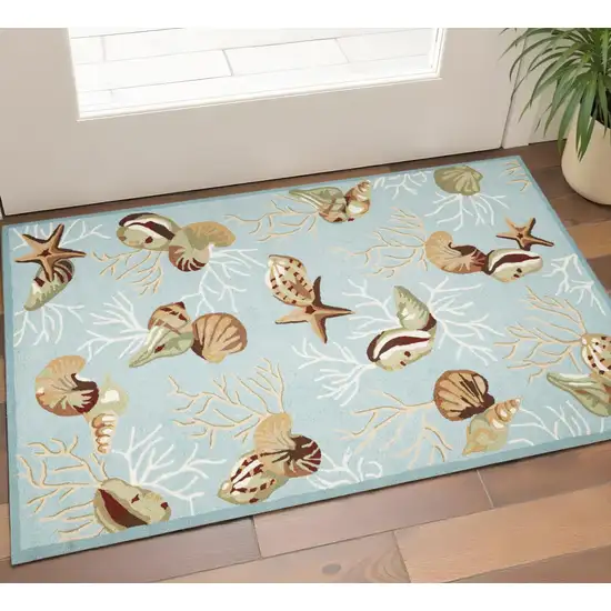 Blue Beige And Green Seashell and Coral Hand Tufted Area Rug Photo 1
