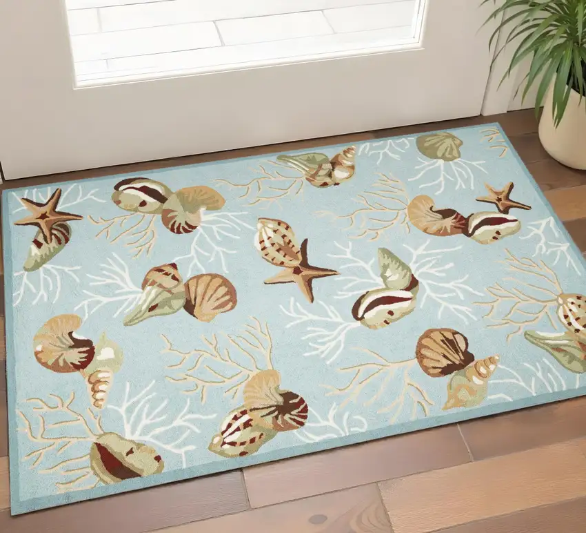 Blue Beige And Green Seashell and Coral Hand Tufted Area Rug Photo 1