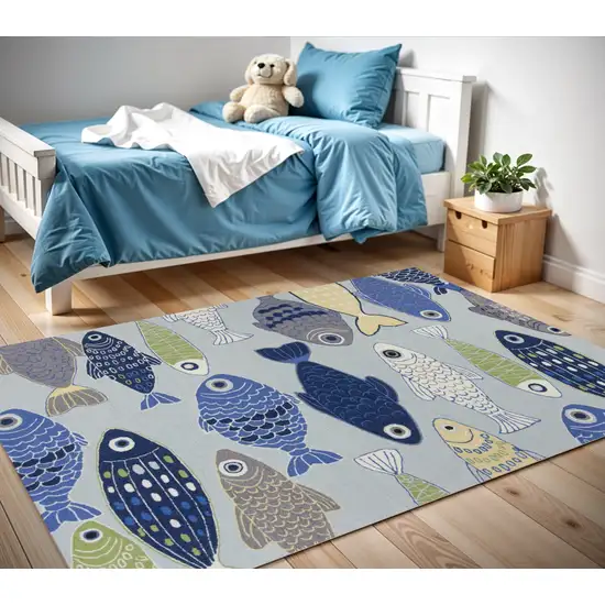 Blue Ivory And Green Fish Hand Tufted Area Rug Photo 1