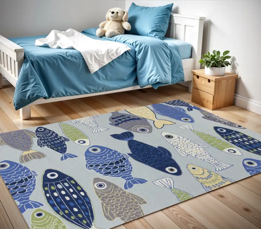Blue Ivory And Green Fish Hand Tufted Area Rug Photo 1