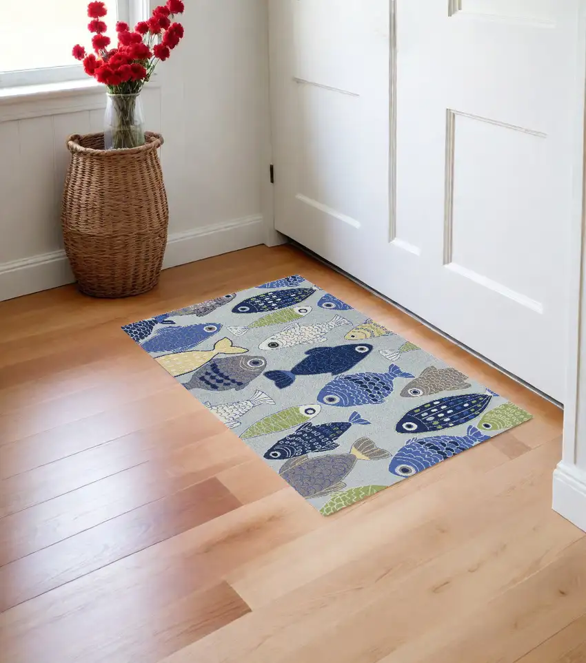 Blue and Ivory Fish Hand Tufted Area Rug Photo 1