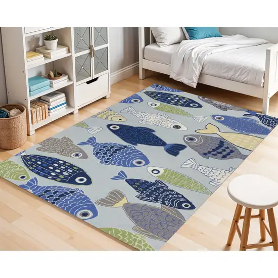 Blue Ivory And Green Fish Hand Tufted Area Rug Photo 1