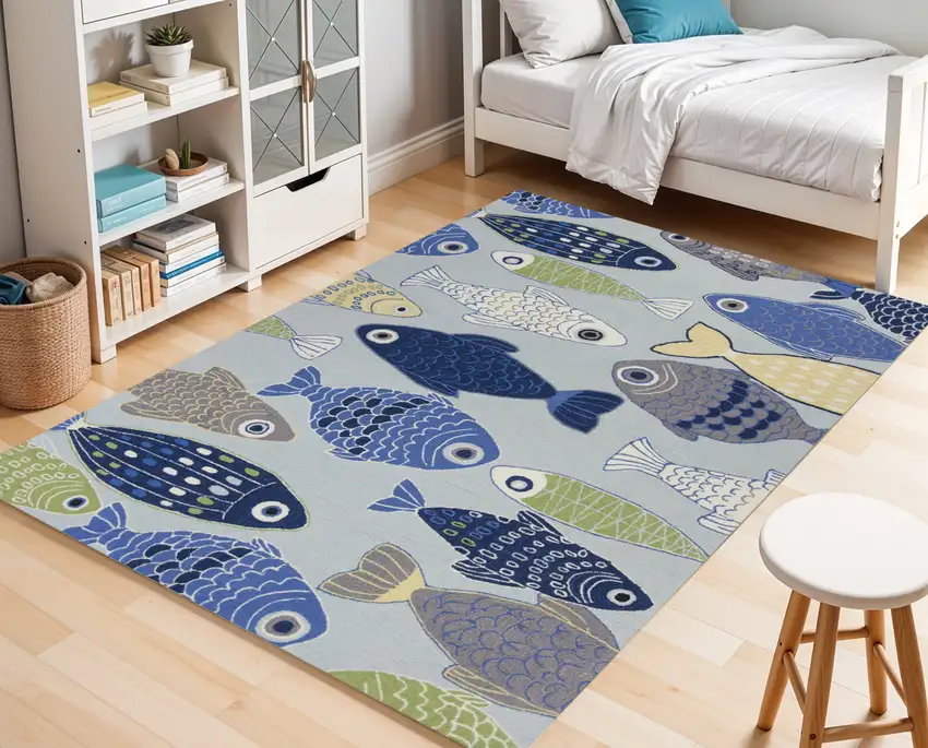 Blue Ivory And Green Fish Hand Tufted Area Rug Photo 1