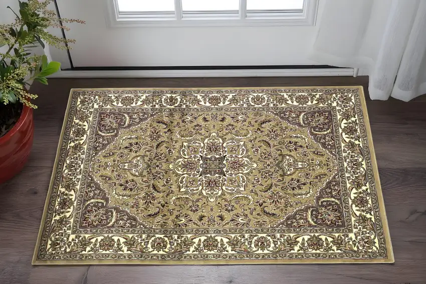 Beige And Ivory Floral Medallion Area Rug Photo 1