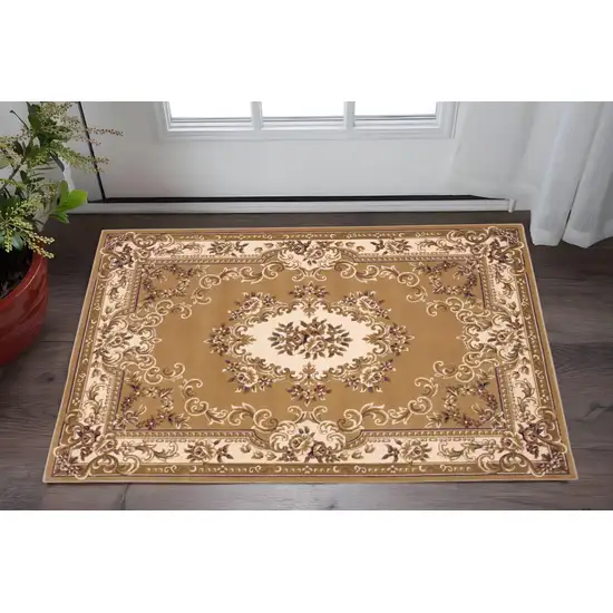 Beige Ivory And Brown Floral Medallion Area Rug Photo 1