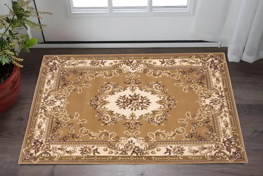 Beige Ivory And Brown Floral Medallion Area Rug Photo 1