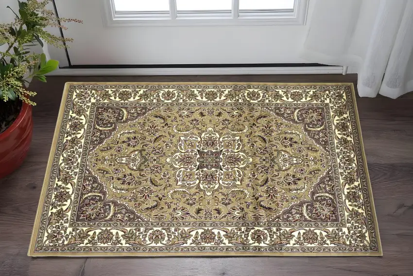 Beige And Ivory Floral Medallion Area Rug Photo 1