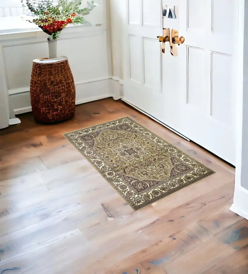 Beige And Ivory Floral Medallion Area Rug Photo 1