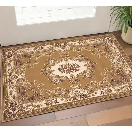 Beige Ivory And Brown Floral Medallion Area Rug Photo 1