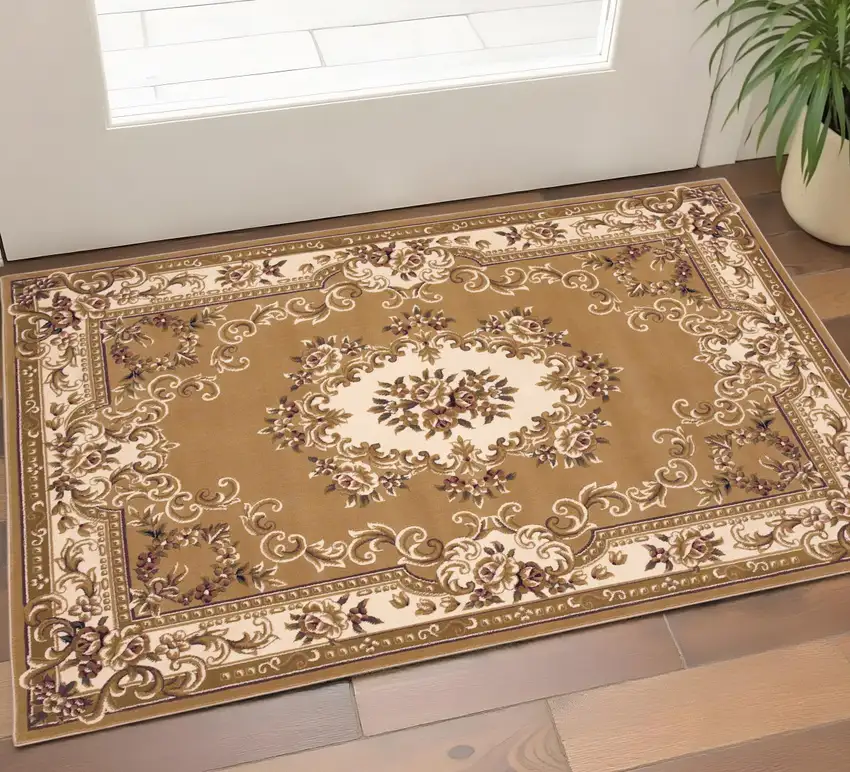 Beige Ivory And Brown Floral Medallion Area Rug Photo 1