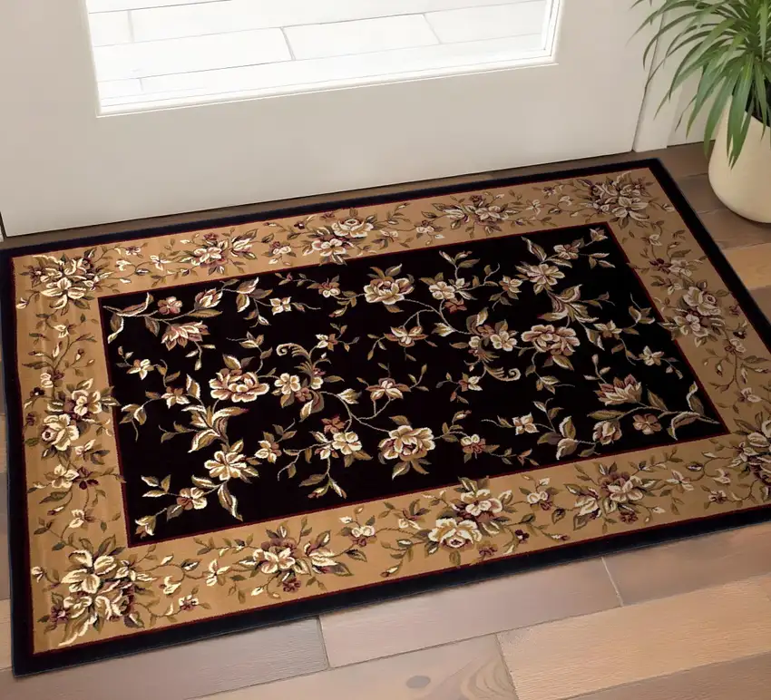 Tan Black And Beige Floral Vines Area Rug Photo 5
