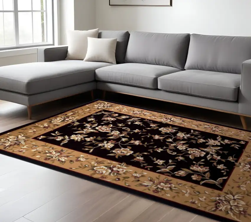 Tan Black And Beige Floral Vines Area Rug Photo 1