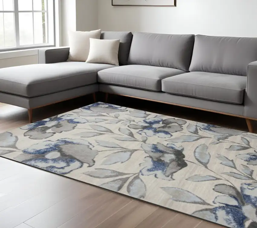 Ivory Blue And Gray Floral Vines Area Rug Photo 1