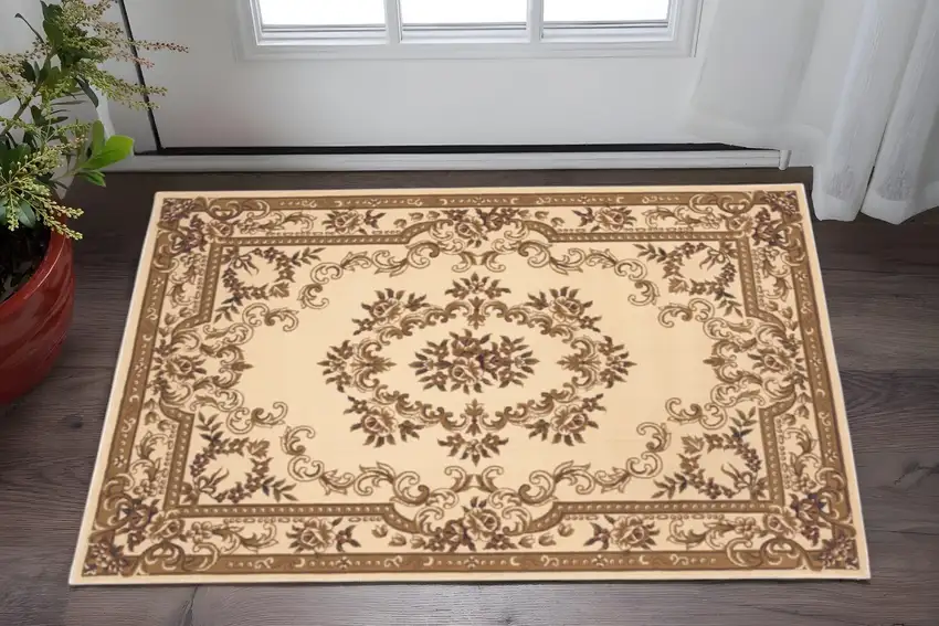 Beige And Brown Floral Medallion Area Rug Photo 1