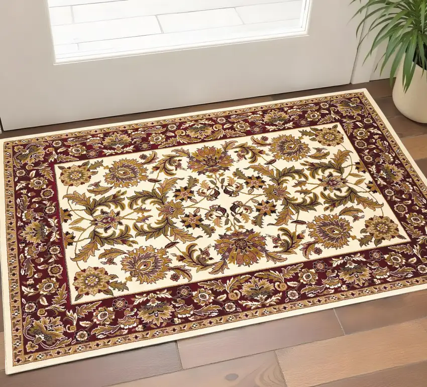Ivory Red And Orange Floral Medallion Area Rug Photo 1