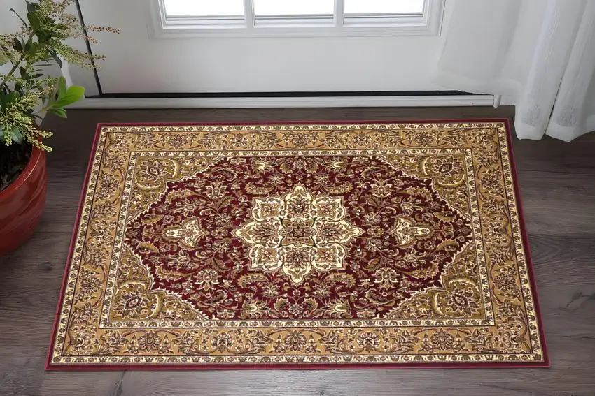 Red And Beige Floral Medallion Area Rug Photo 1