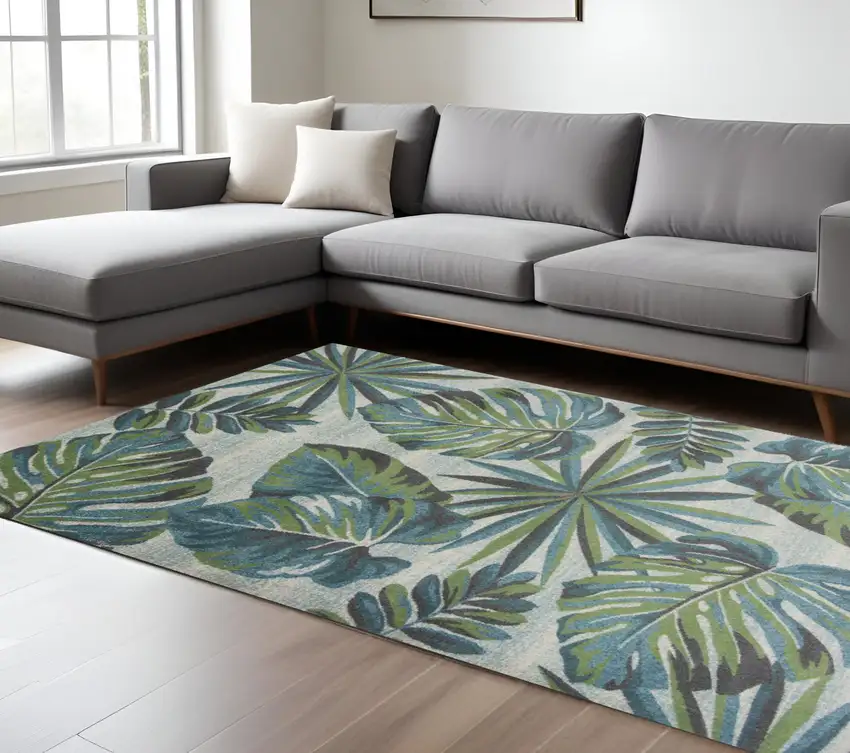 Beige Teal And Green Tropical Botanical Area Rug Photo 1