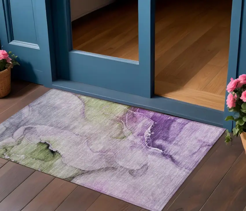 Purple and Green Abstract Washable Indoor Outdoor Area Rug Photo 1