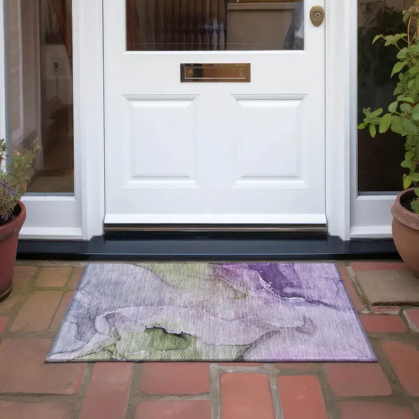 Purple and Green Abstract Washable Indoor Outdoor Area Rug Photo 6