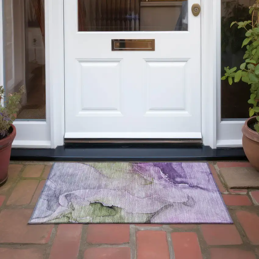 Purple and Green Abstract Washable Indoor Outdoor Area Rug Photo 6