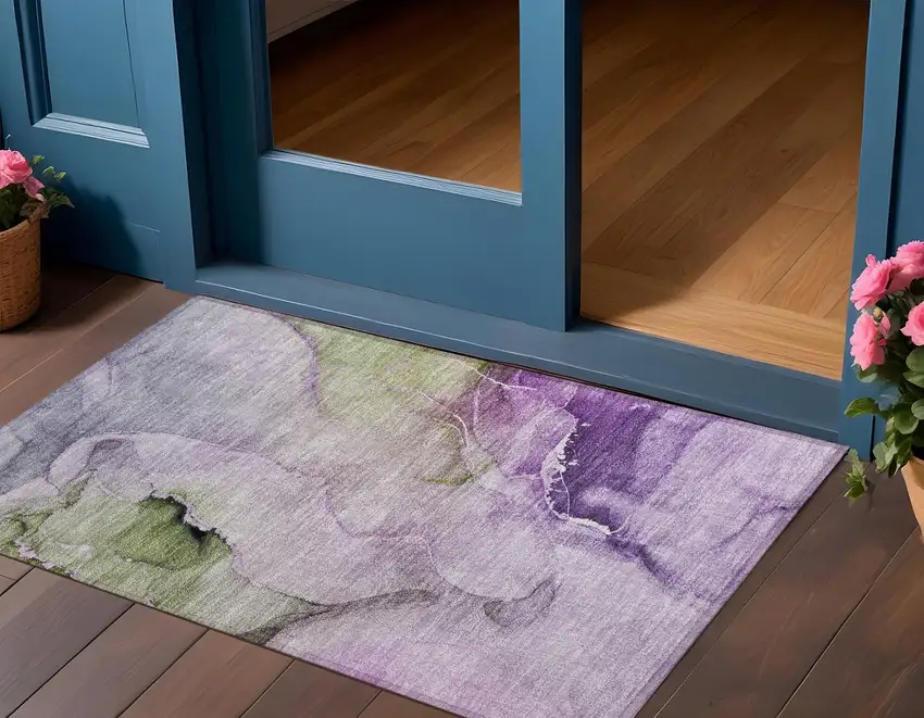 Purple and Green Abstract Washable Indoor Outdoor Area Rug Photo 1