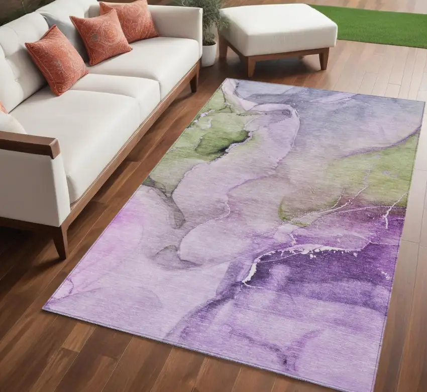 Purple and Green Abstract Washable Indoor Outdoor Area Rug Photo 1