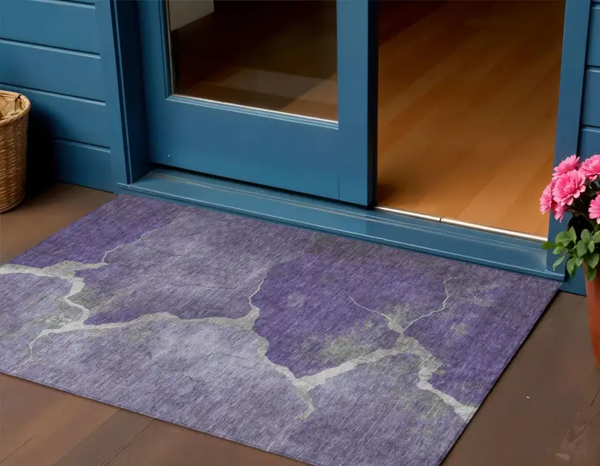 Purple And Beige Abstract Washable Indoor Outdoor Area Rug Photo 2